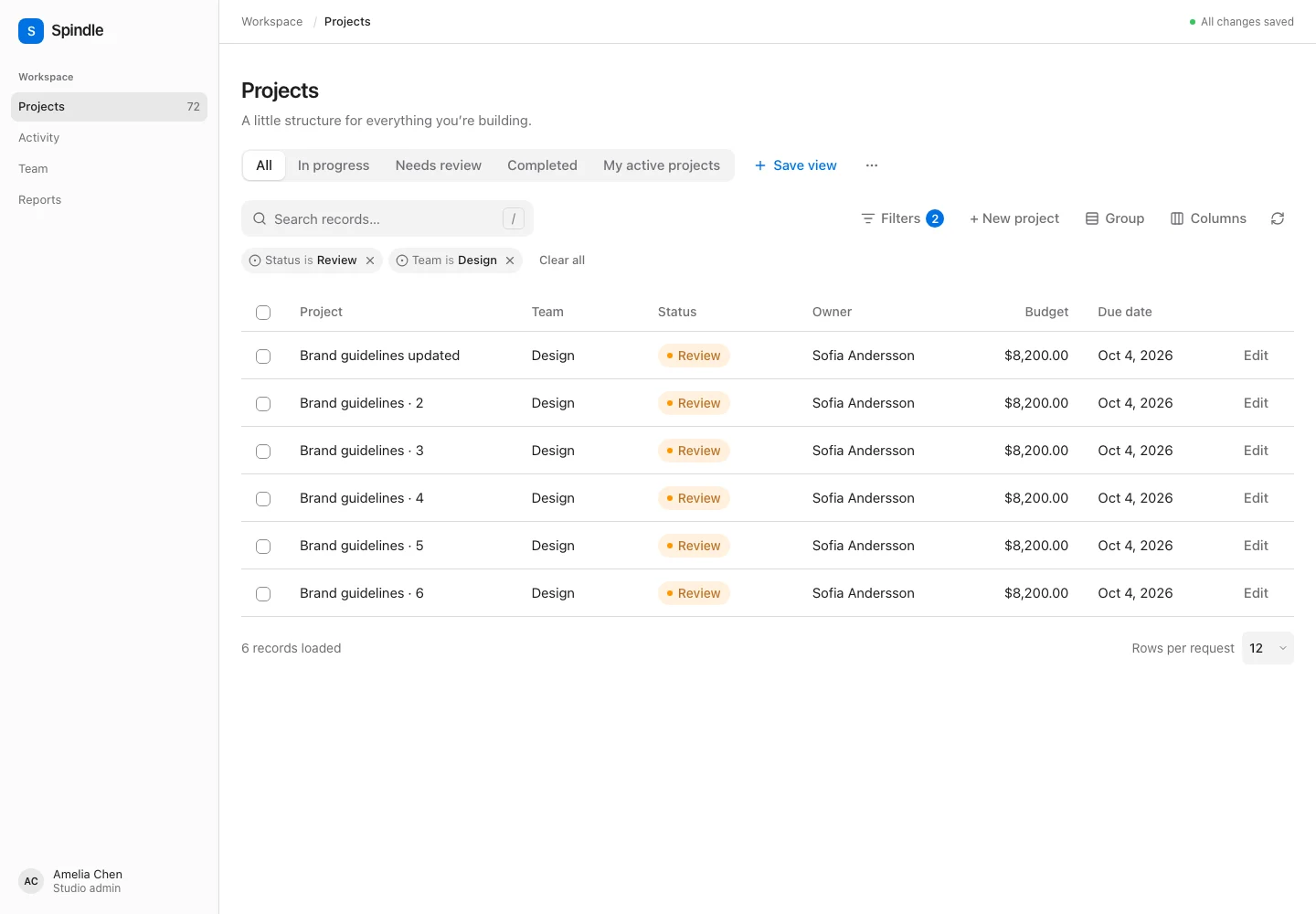 Active filter chips for status and team above a filtered projects table
