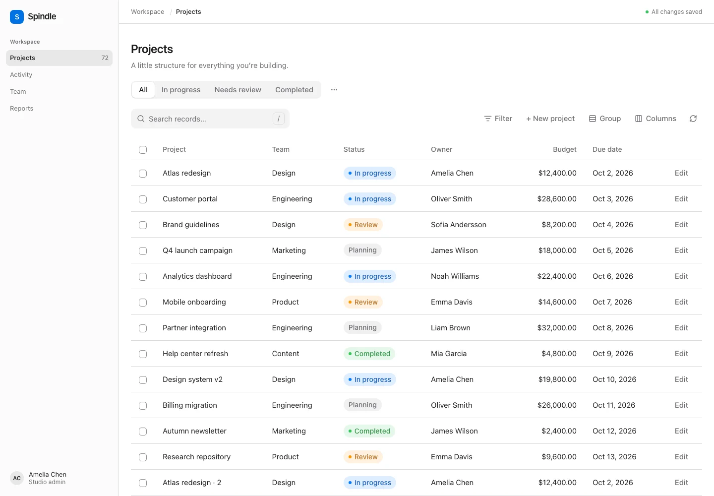 The prebuilt Svelte table showing projects with status badges, owners, budgets and due dates