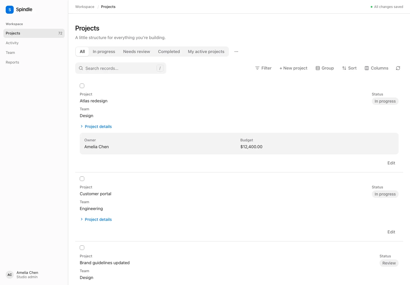 Projects shown as stacked cards with a collapsible details panel